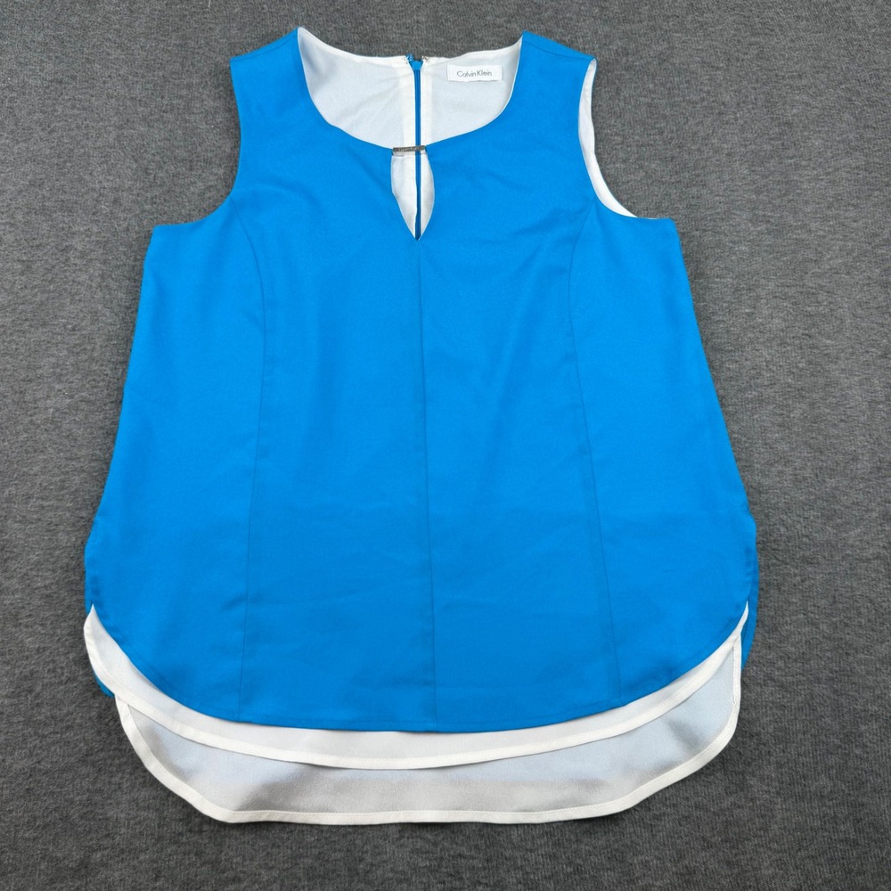 Calvin Klein Blouse Women‎ Medium Blue Sleeveless Keyhole Layered Hem Shell Top